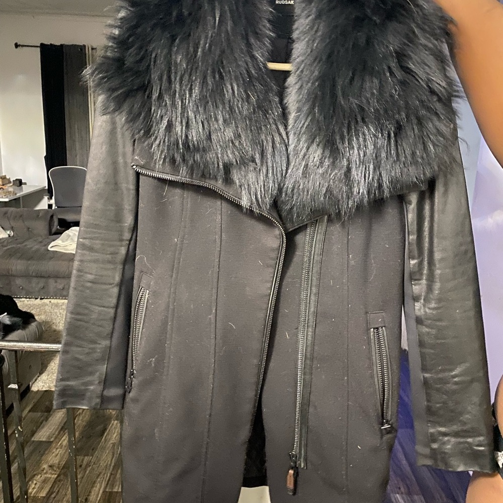 RUDSAK Black Trench Coat with Faux Fur Collar